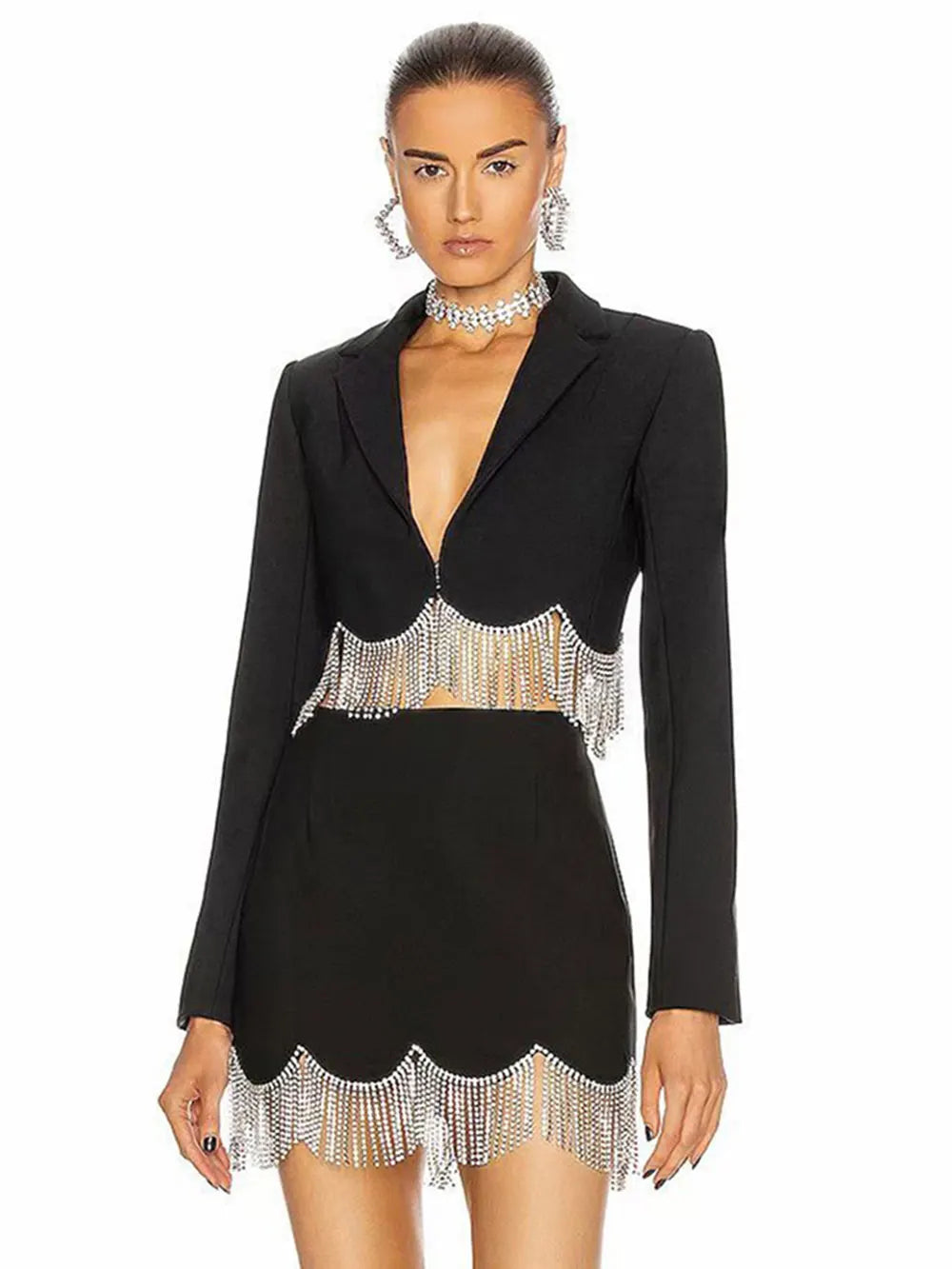 Sexy Women's Light Luxury Diamond Tassel Skirt Set with Flip Collar Long Sleeve Ultra Short Suit Coat+Mini Skirt Two Piece Set black