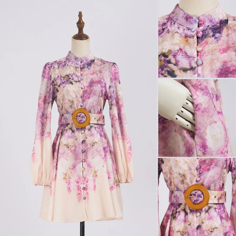 Real Shot Spot Niche Style Sleeve Single-Breasted Positioning Printing Women's Belt Pocket Short Skirt Large Swing Skirt