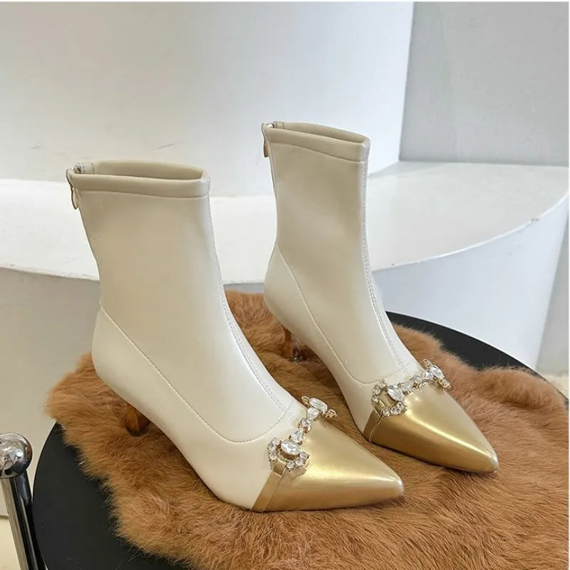 Women's Metal Chain Thin High Heel Pointed Toe Autumn Ankle Boots Metal Belt Rivet Deocration Elegant Ladies Short Boots Hot