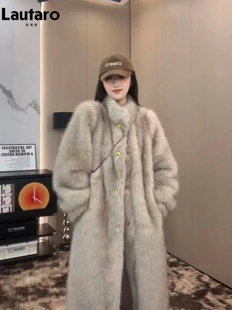 Autumn Winter Long Thick Warm Hairy Soft Faux Fox Fur Coat Women Stand Collar Elegant Luxury Chic Fluffy Jacket 2024