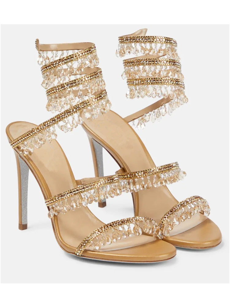 Women's New Rhinestone Sandals Fashion Tassel Crystal Shoes Sexy Nightclub Banquet Party Twining Stiletto Women's Sandals golden