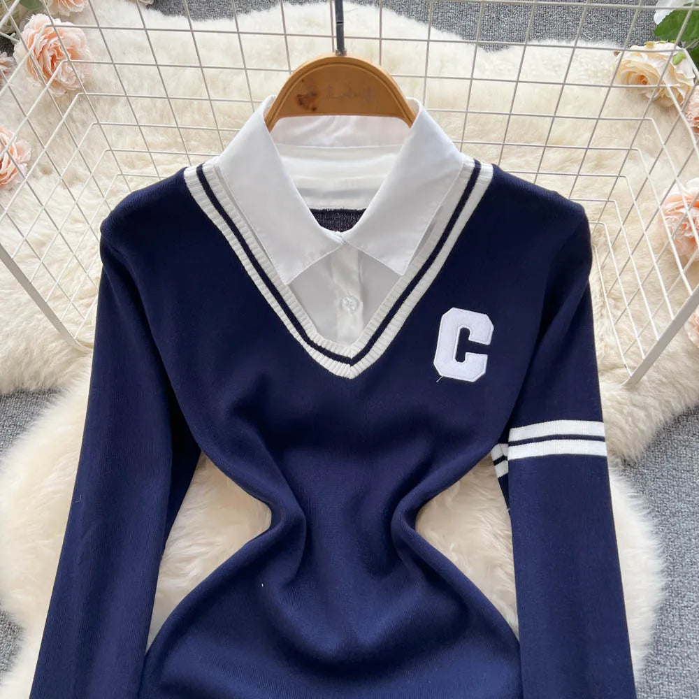 Women Dress Autumn Winter Casual Fake Two Piece Set Long Sleeve Knitted Dress Korean Fashion Mini Dress Vestidos