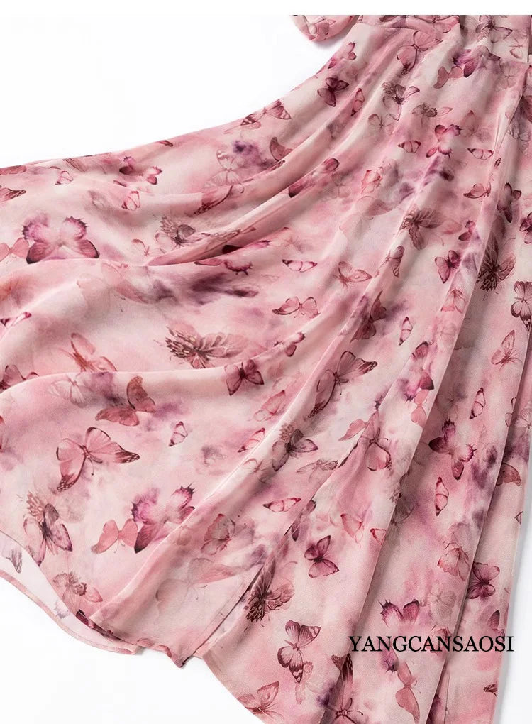 French Artistic Pink Purple Butterfly Printing 1.2-meter Extended Large Skirt Hem 100% Natural Mulberry Silk Women's Dress