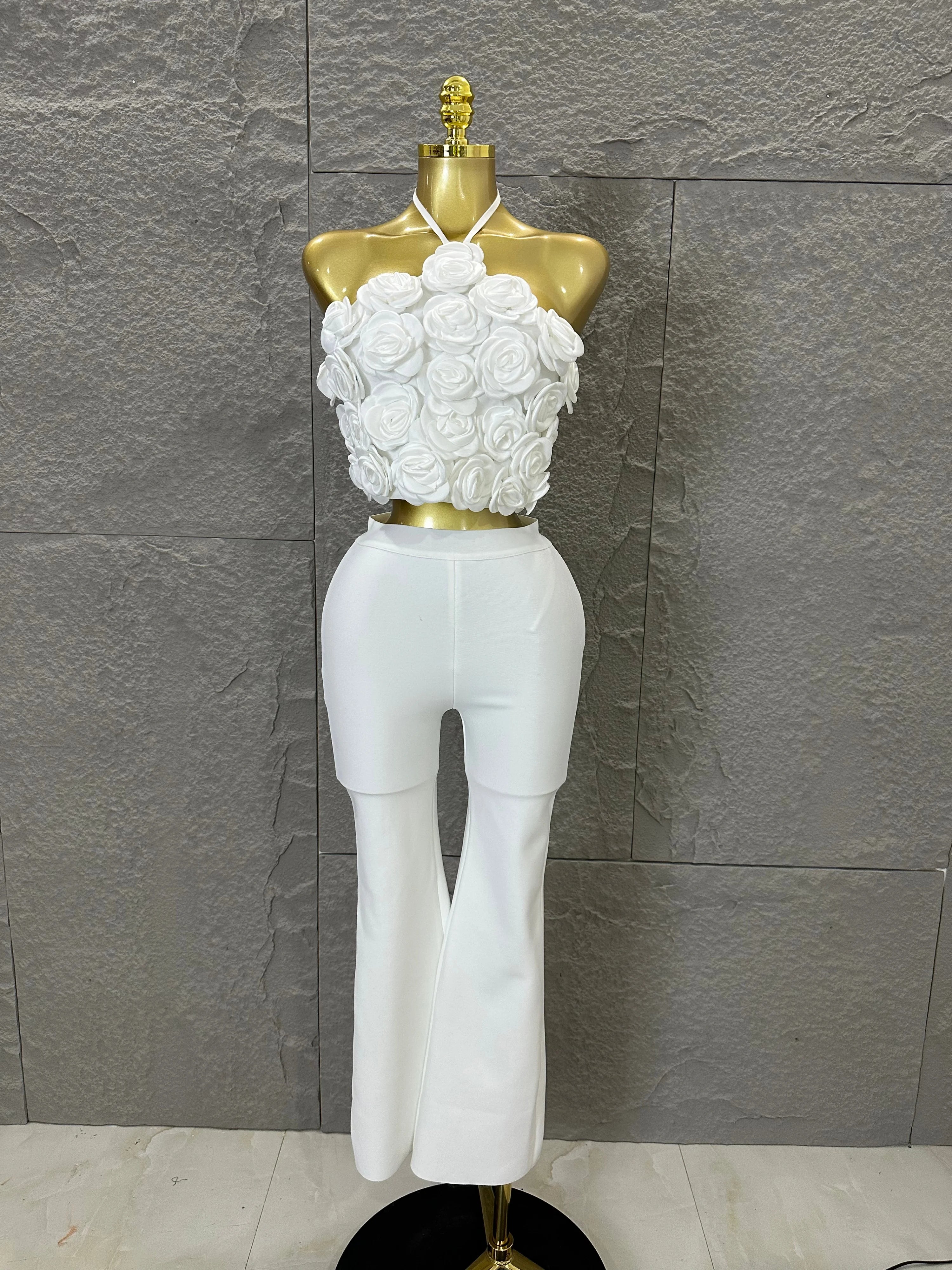 Elegant Two Piece Set Women Halter 3D Flower Crop Top High Waist Flare Pants Bandage Suit Party Casual Formal Wear Ivory