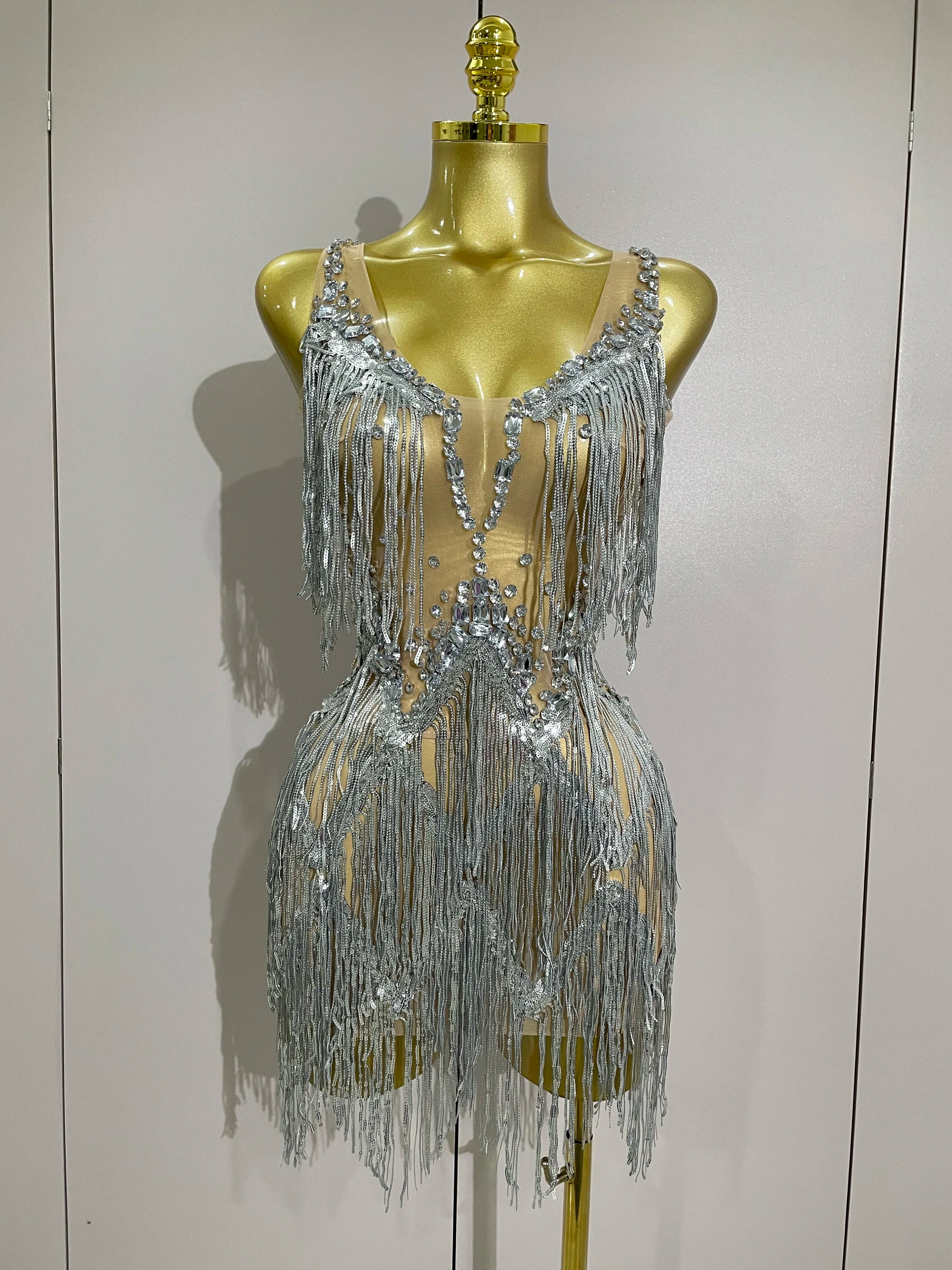 Sparkly Rhinestone Tassels Sexy Mesh Mini Dress 2025 Women Evening Birthday Party Dresses Nightclub Performance Stage Costume Silver