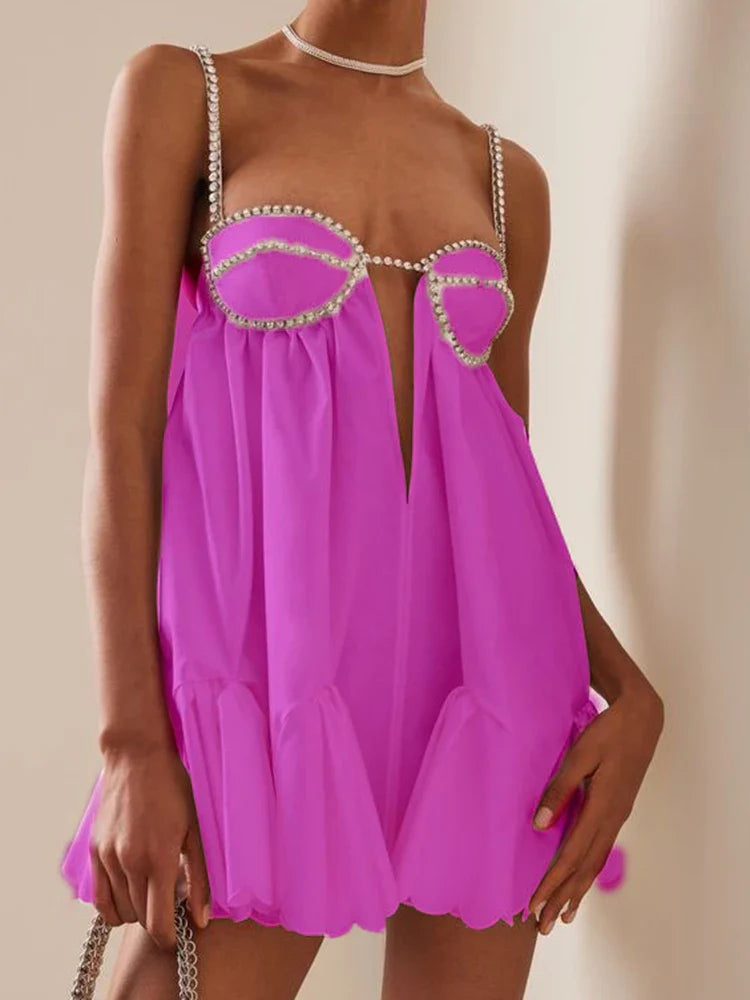 DEAT New Trendy Women's Diamonds Chain Pleated Sling Dress Spring Fashion Off-shoulder Sleeveless Dresses Female 33A1209