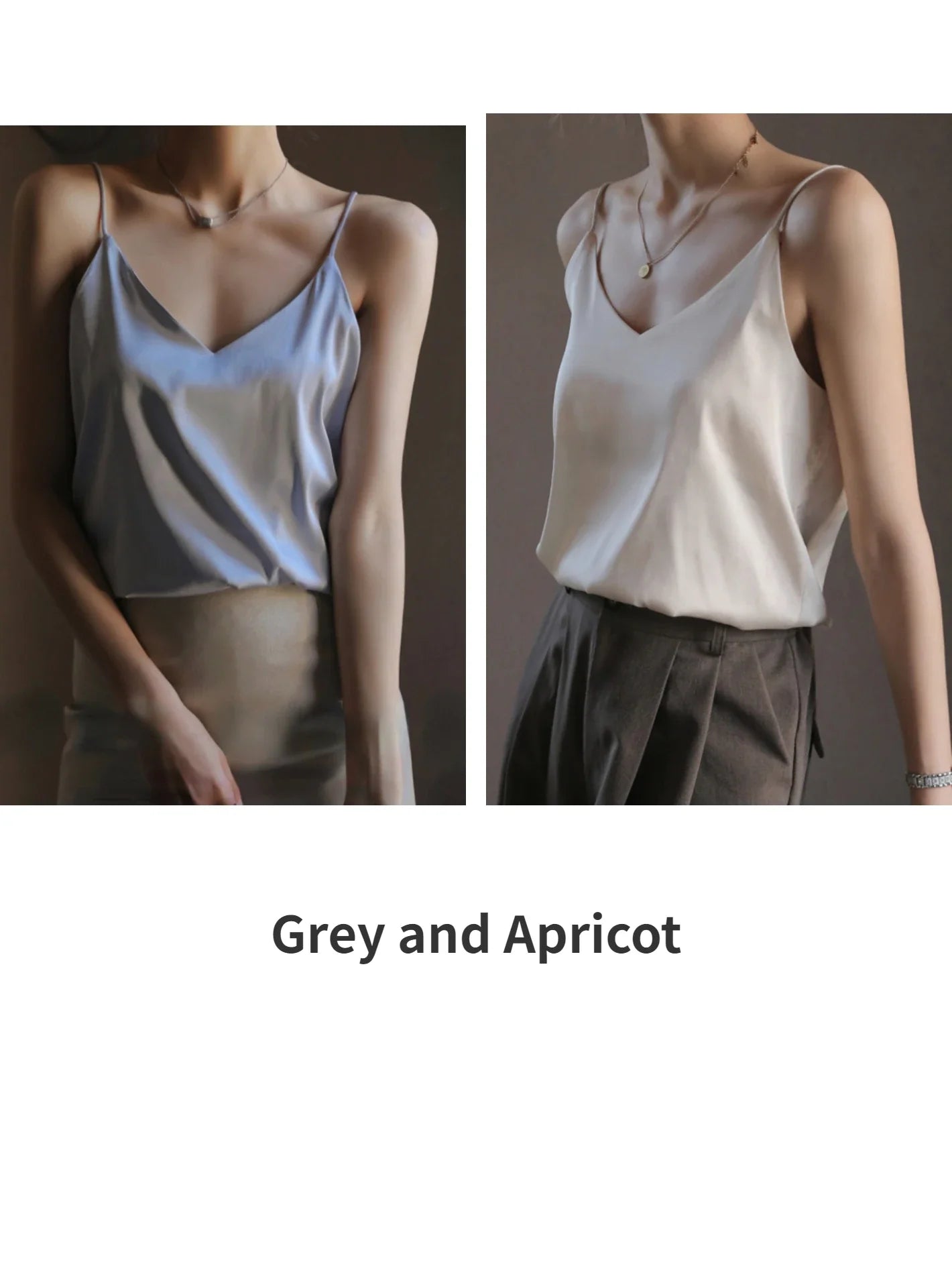 Grey Camisoles for Women Acetate SATIN Loose Summer Spaghetti Strap Tank Top Solid V-neck Fashion Sexy Backless Tanks & Camis Grey and Apricot