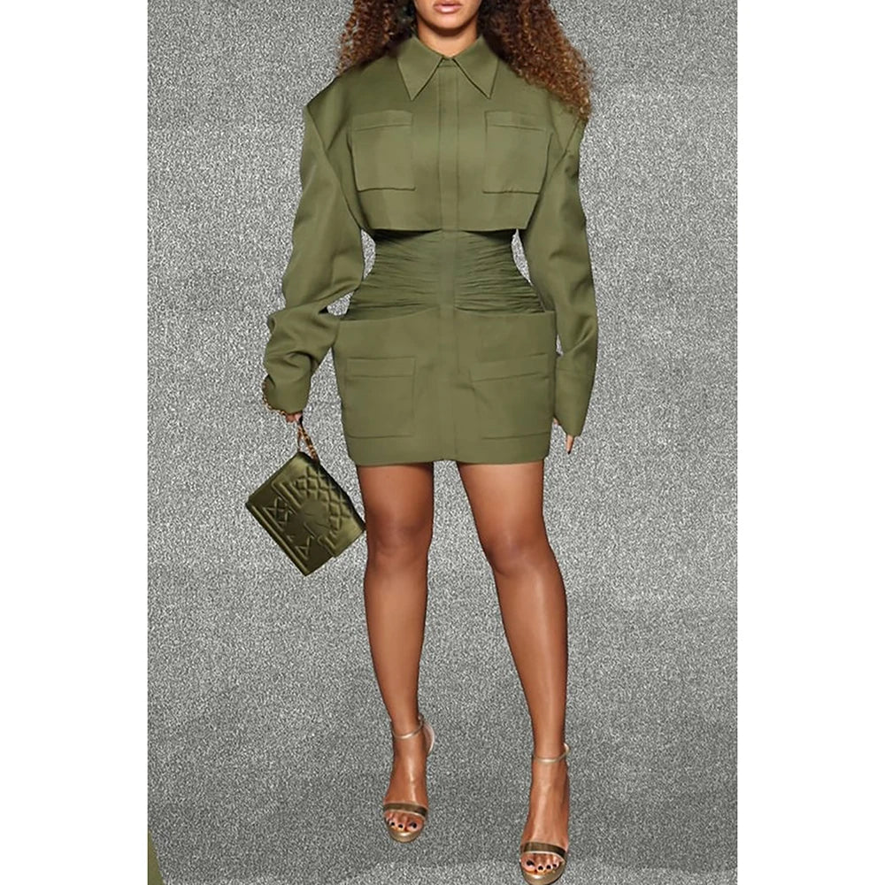 Plus Size Business Casual Dress Olive Green Ruffled Shirtdress Long Sleeve Mini Dress