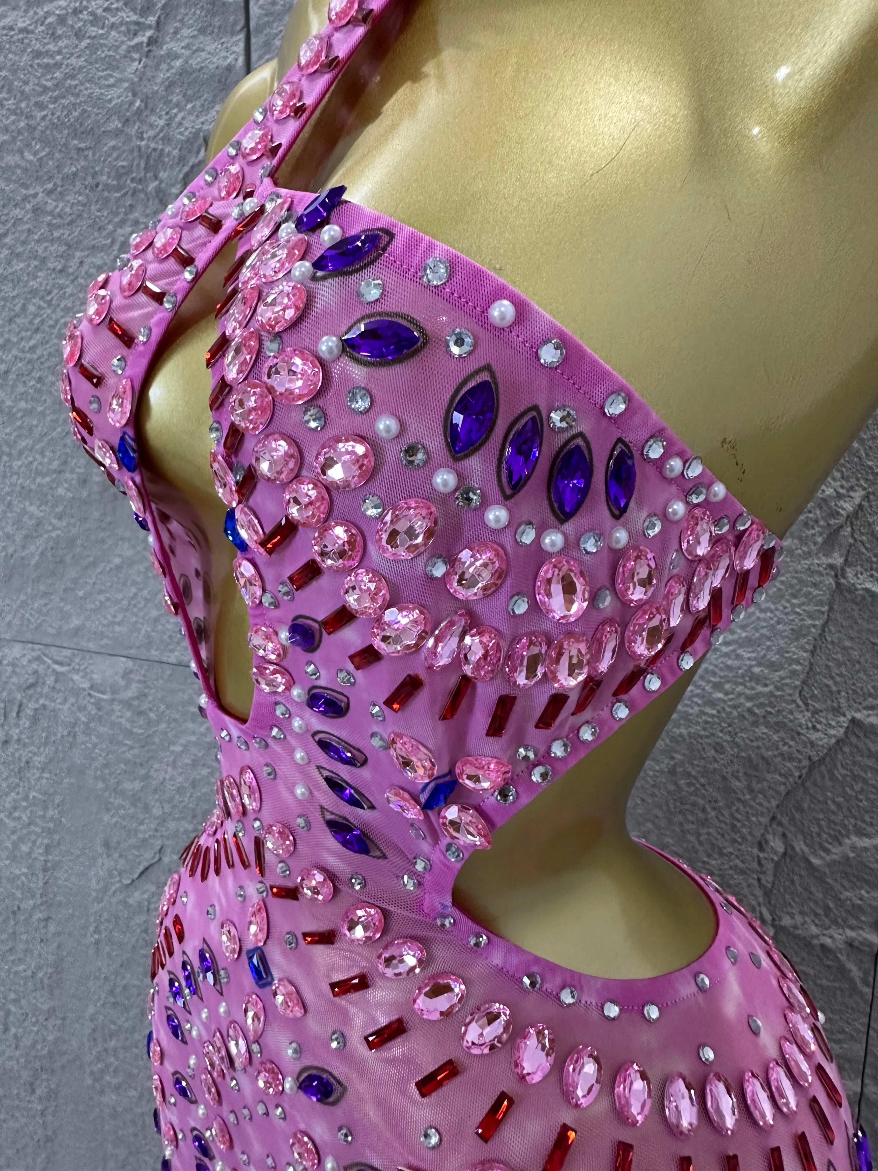 Women Sexy Cutout Full Crystal Embellished Bodycon Mermaid Outfit Sheer Mesh Maxi Dress Stage Performance Evening Party Costume