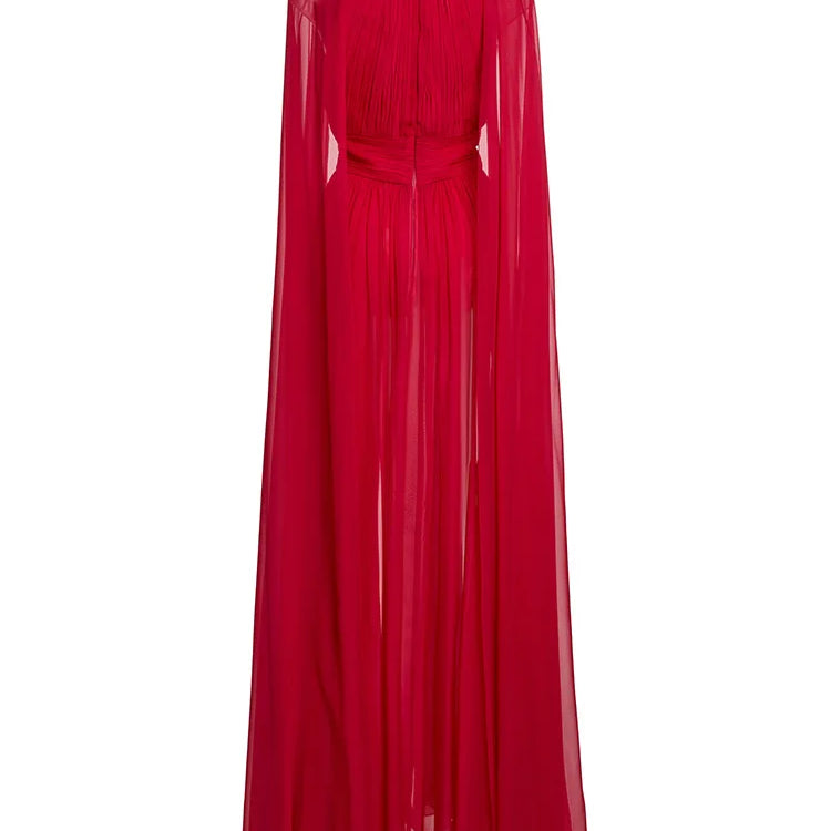 2025 Red Color Women Fashion Cloak Sleeve Slim Floor-length Dress Elegant Eveening Party Celebrate Prom Outfit