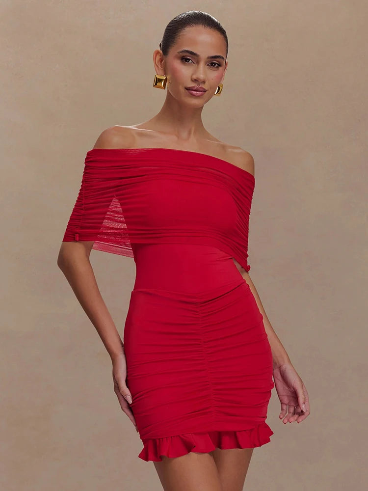 Charming Red Off-Shoulder Dress with Ruched Details for Elegant Dinner Party Evening Gown