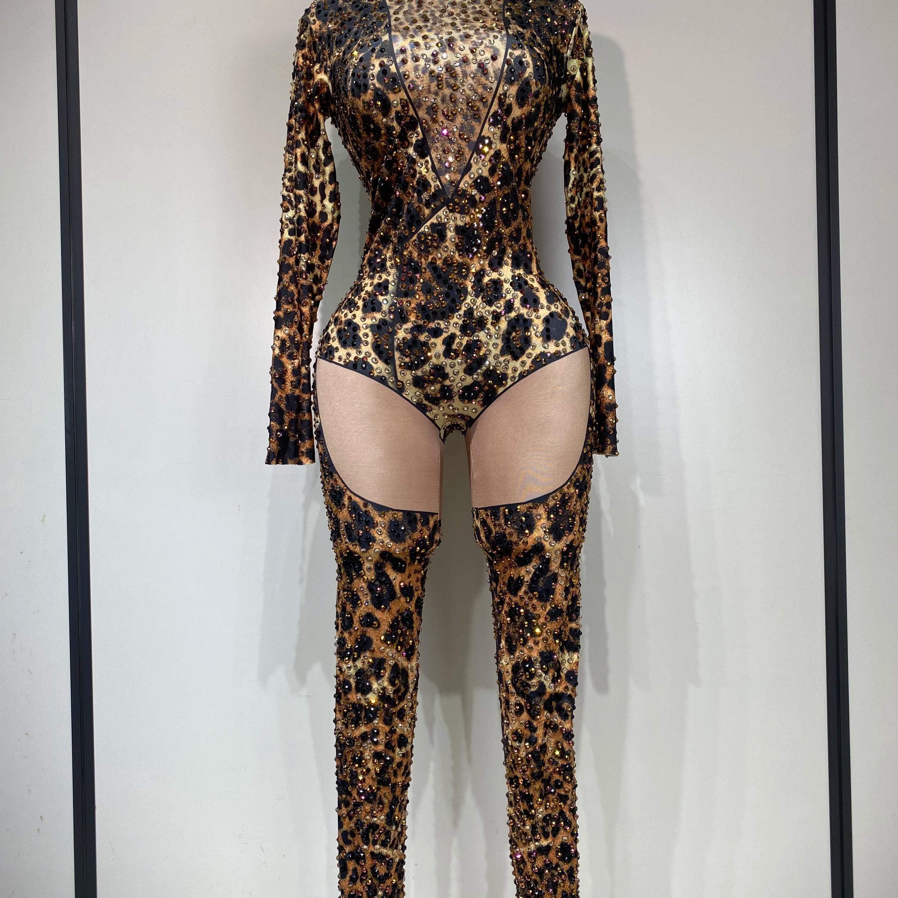 Women 2025 Stretch Leopard Print Sexy Bodycon Jumpsuit Bar Nightclub Singer Dancer Luxury Diamond Stage Performance Outfit Dark Brown