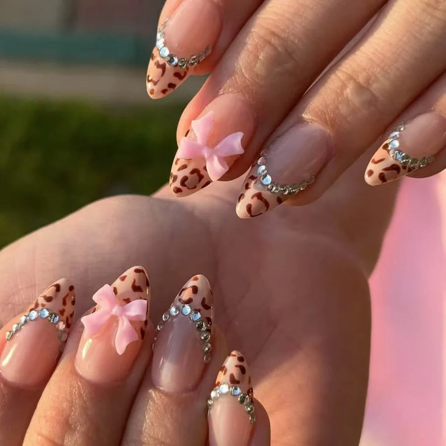 24pcs/set Short Medium fake nails for women girls 3D cute pink bow flowers leopard french square almond tips press on false nail 2559