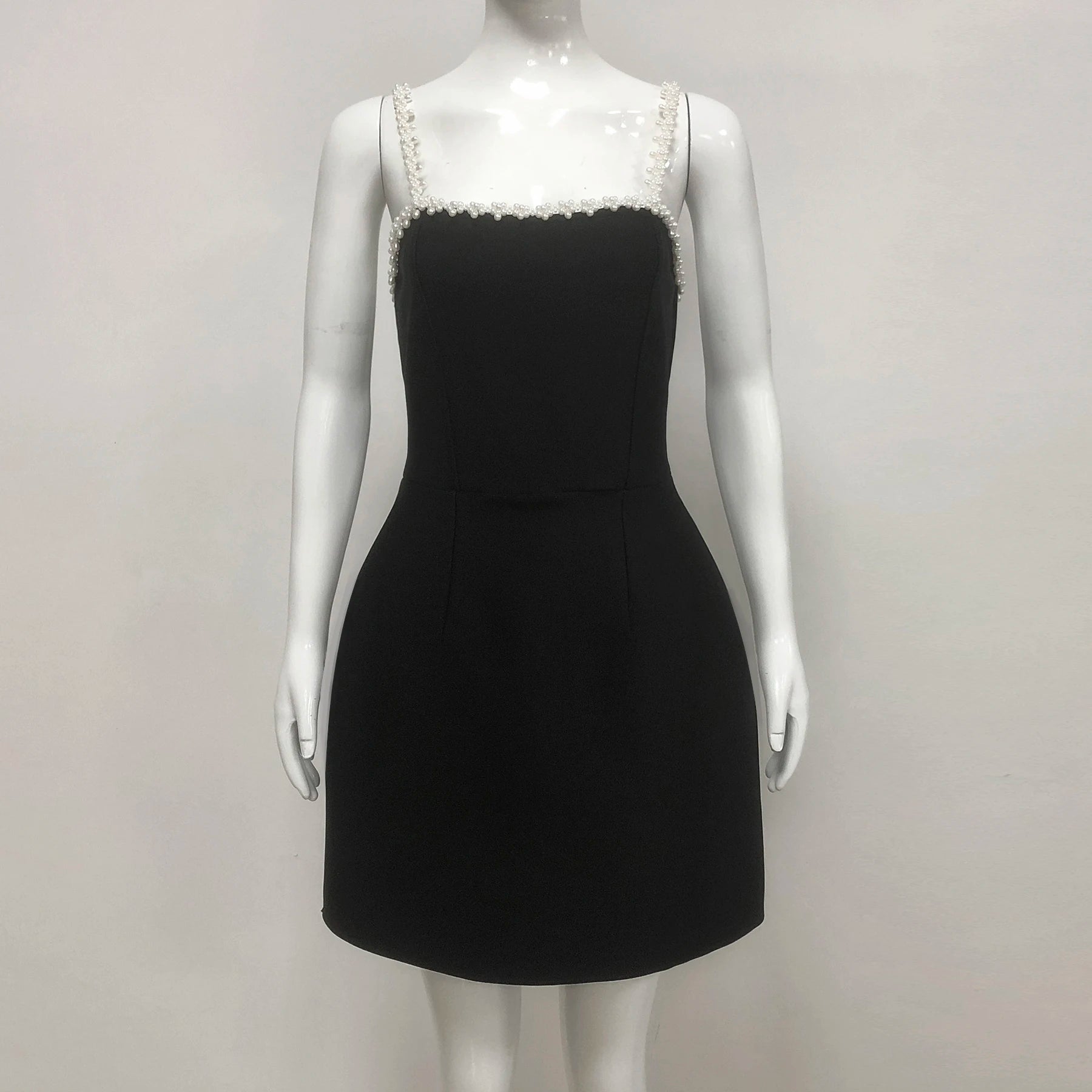 Black Color Women Sexy Strap Square Collar Beading Straight Mini Bandage Dress Elegant Evening Party Red Carpet Outfit