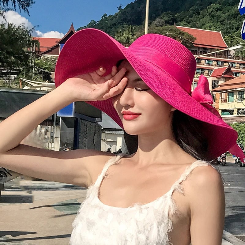 Seaside Photo Beach Straw Hat Children Summer Large Brim Sunscreen Shading Simple Fashion Large Brimmed Hat Sun Hat Beach Hat rose red Adjustable 55 60cm