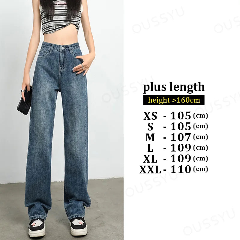 Jeans Women's High Waist Straight Wide Leg Cotton Y2K Denim Clothing Streetwear Vintage Fashion Pants Blue White Leisure Trouser Retro blue-plus