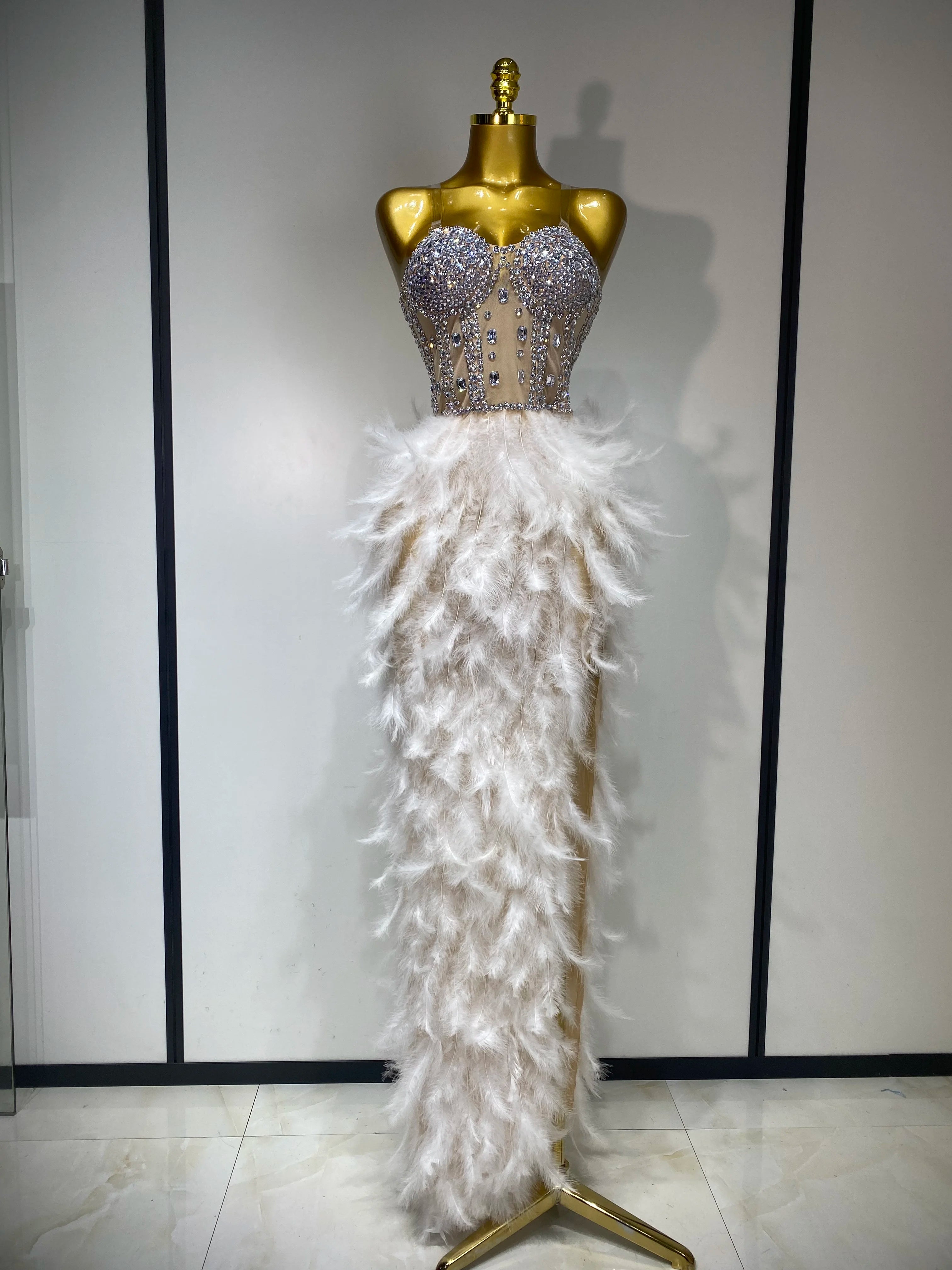 Women Sexy Sparkly Rhinestone Feather Mesh Long Dress Elegant Evening Party Celebrate Luxury Birthday Singer Stage Costume WHITE