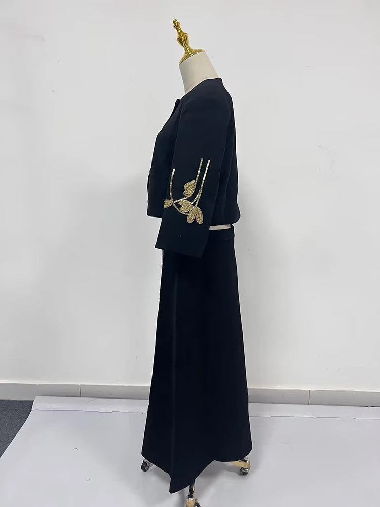 Colorblock Chic Two Piece Sets For Women O Neck Half Sleeve Coat High Waist Skirt Elegant Set Female Fashion Style