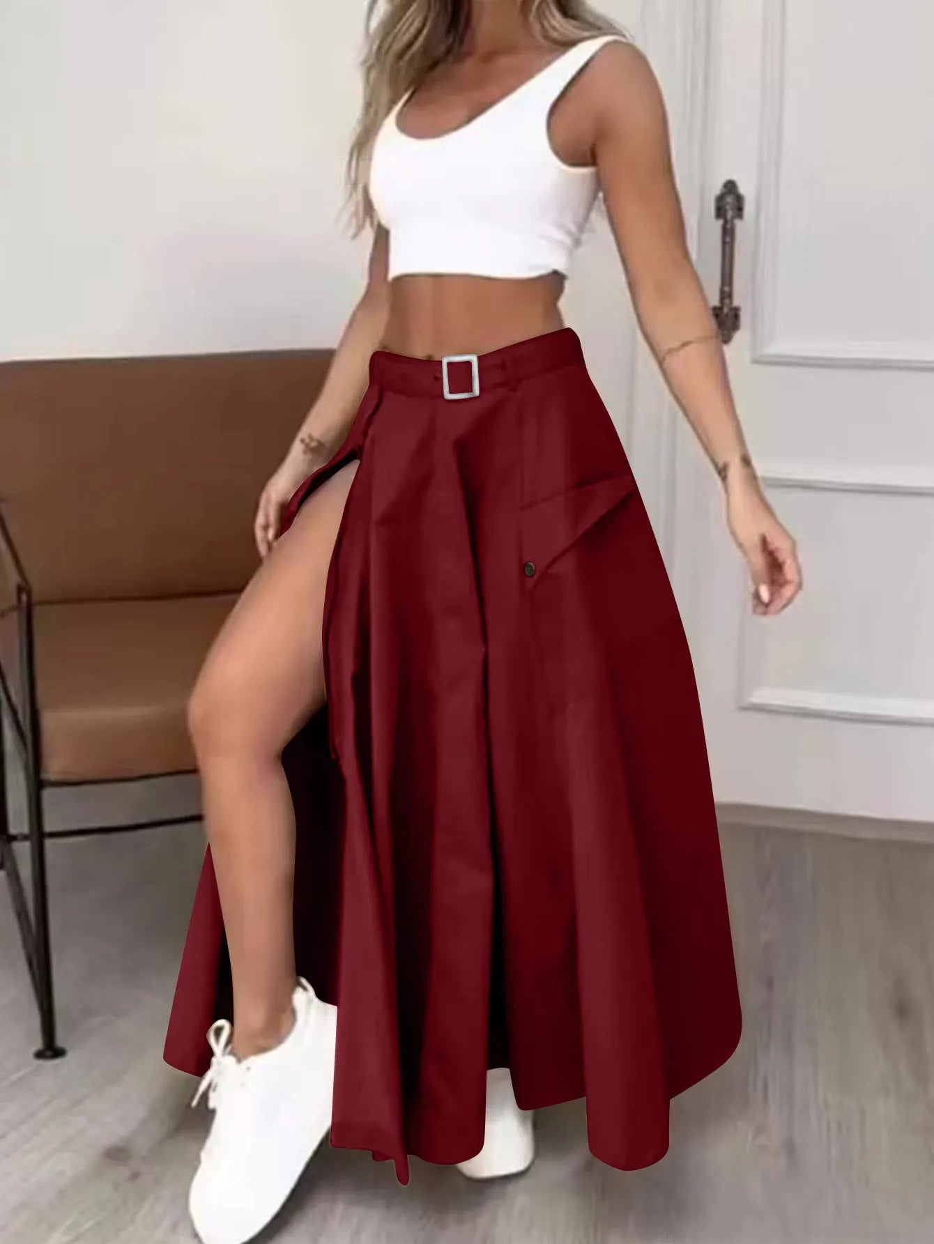 Women Fashion Pocket Front Zipper Slit Slim High Waist Maxi Skirt Streetwear Casual Safari Solid Long Skirts Burgundy