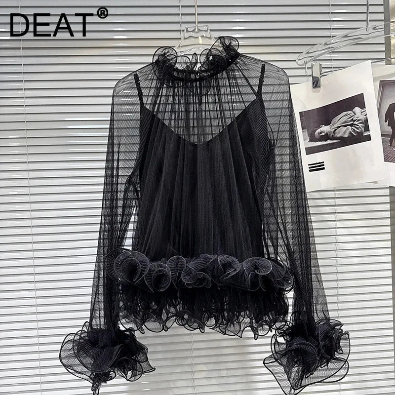 Winter New Items Style Elegant Ruched Lace Inner Camisole Chiffon Blouse For Women Loose Versatile Shirts 11A07896