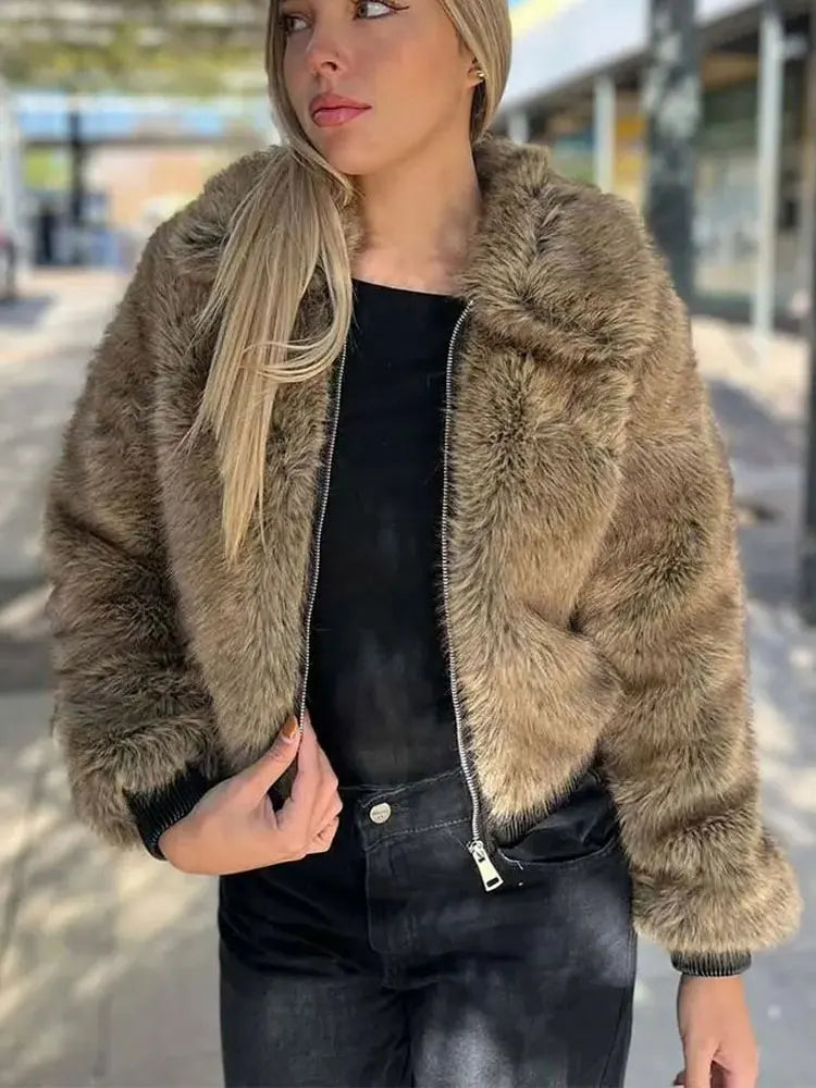 Women's Winter Coat Faux Fur Lapel Long Sleeves Loose Zipper Jackets Lady Pockets High Street Chic Warm Woman Outerwear