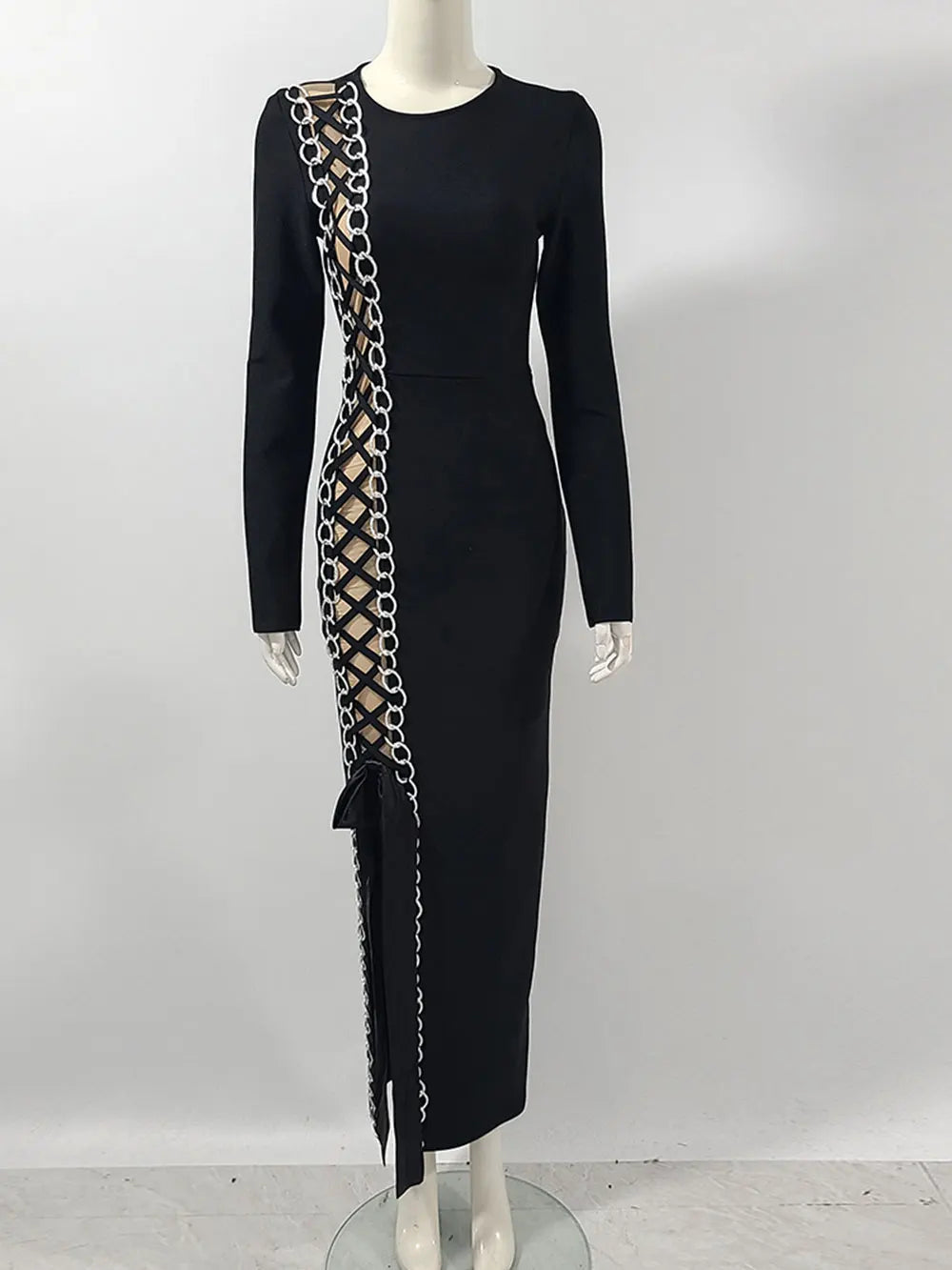 2024 Sexy Women Heavy Industry Chain Drawstring Bandage Dress O-neck Long Sleeve Bodycon Midi Split Dress Evening Party Vestidos