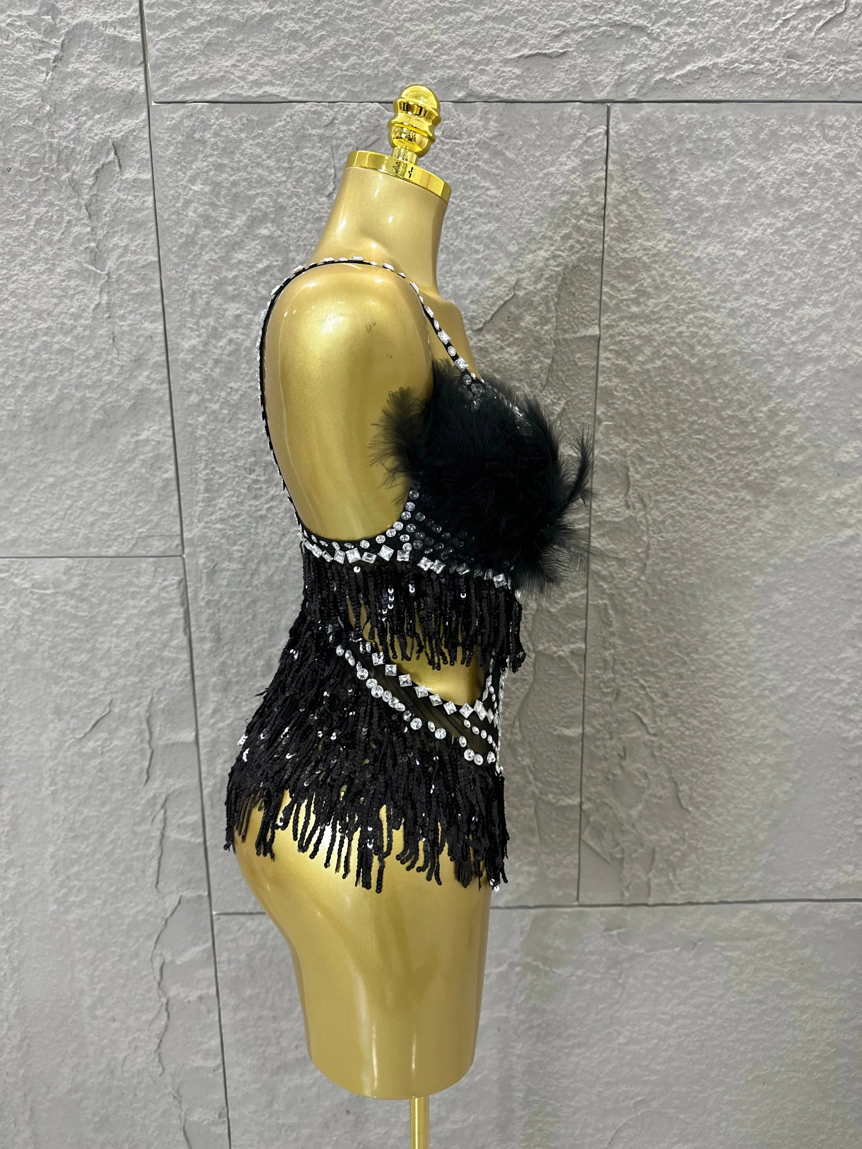 Luxurious Sheer Mesh Bodysuit Women Sexy Crystal Embellished Feather Fringe Trim Spaghetti Strap Outfit Stage Performance Outfit
