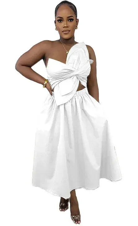 Women Big Petal Front Strapless Midi Long Dress 2024 Summer Street Vestidos Sexy Party Evening Chic Big Swing Dresses White