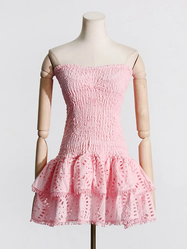 Women Print Strapless Mini Dress Sexy Slim Backless Sleeveless Ruffles High Waist Vestidos Summer Ladies Party Club Dress 2024 Pink