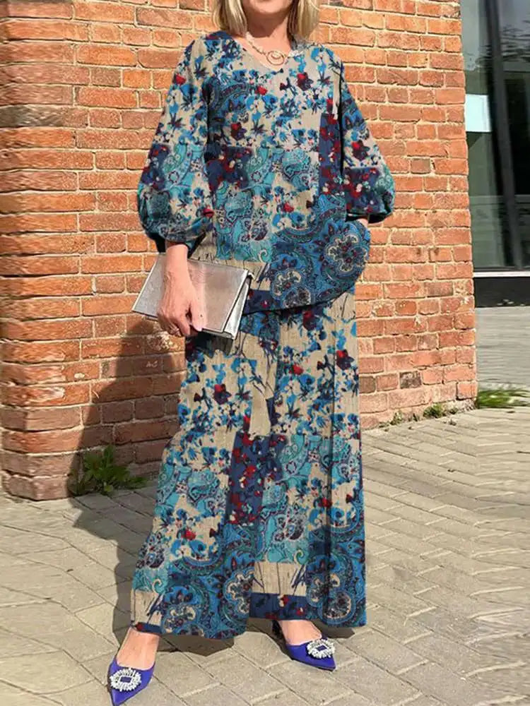 Plus Size ZANZEA Bohemian Matching Sets Casual Printed 2pcs Suits 2023 Women 3/4 Sleeve Tops Tracksuit Autumn Wide Leg Pant Sets Blue