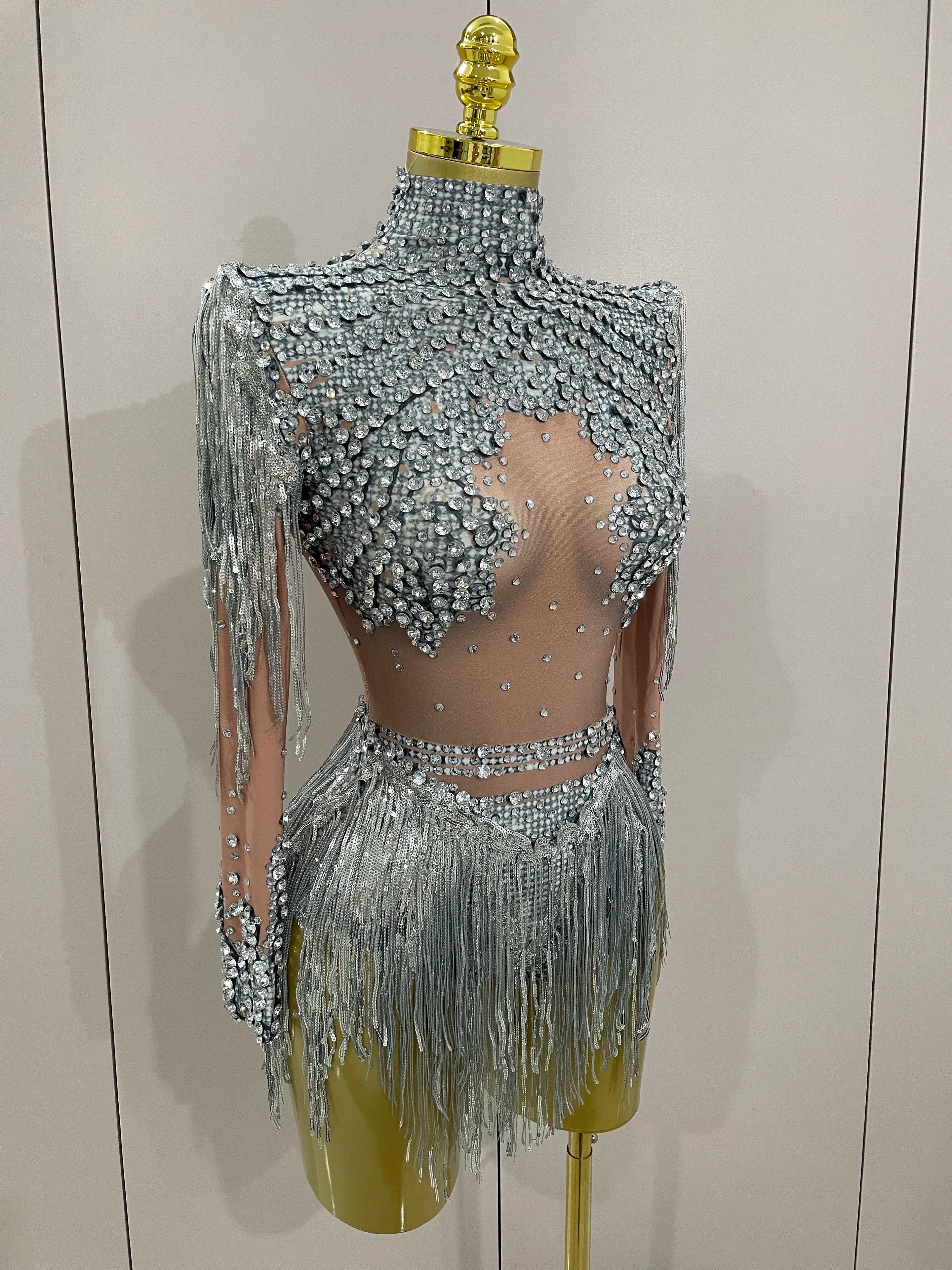 Women Sparkly Rhinestone Sequin Tassel Stretch Bodysuits 2025 Birthday Party Nightclub Dj Stage Performance Costume