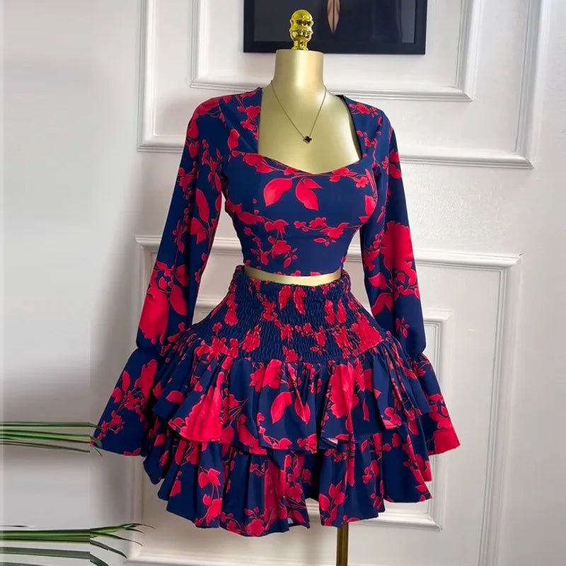 Beach Women Set Street Print Long Sleeve Shirts + Pleated Ruffles Mini Skirts Suits 2025 Party Street Two 2 Piece Sets Red