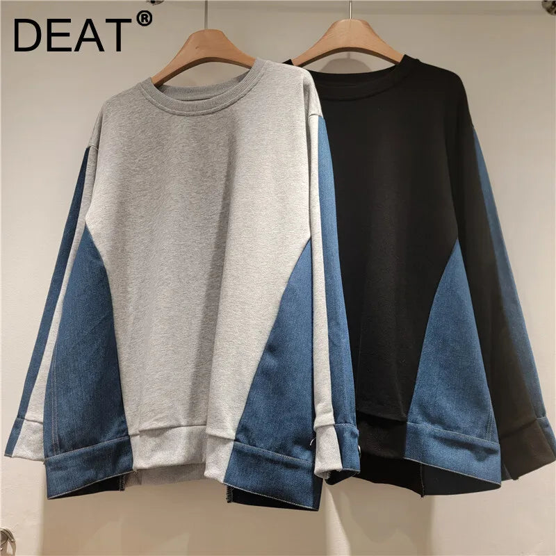 Autumn Winter New Fashion Denim Patchwork Round Neck Long Sleeve T-Shirt For Women Loose Casual Sweatshirt 11A07719