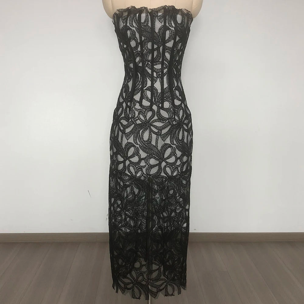 Elegant Black Strapless Backless Sheer Lace Midi Dress Cocktail & Evening Party Glam Gown black