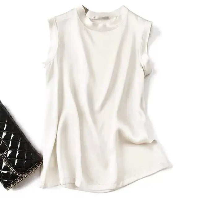 Women Korean Fashion Satin Office Lady Tank Top Summer ice Silk Tank Top Solid comfortable elegant wild shirt Black White Pink WHITE