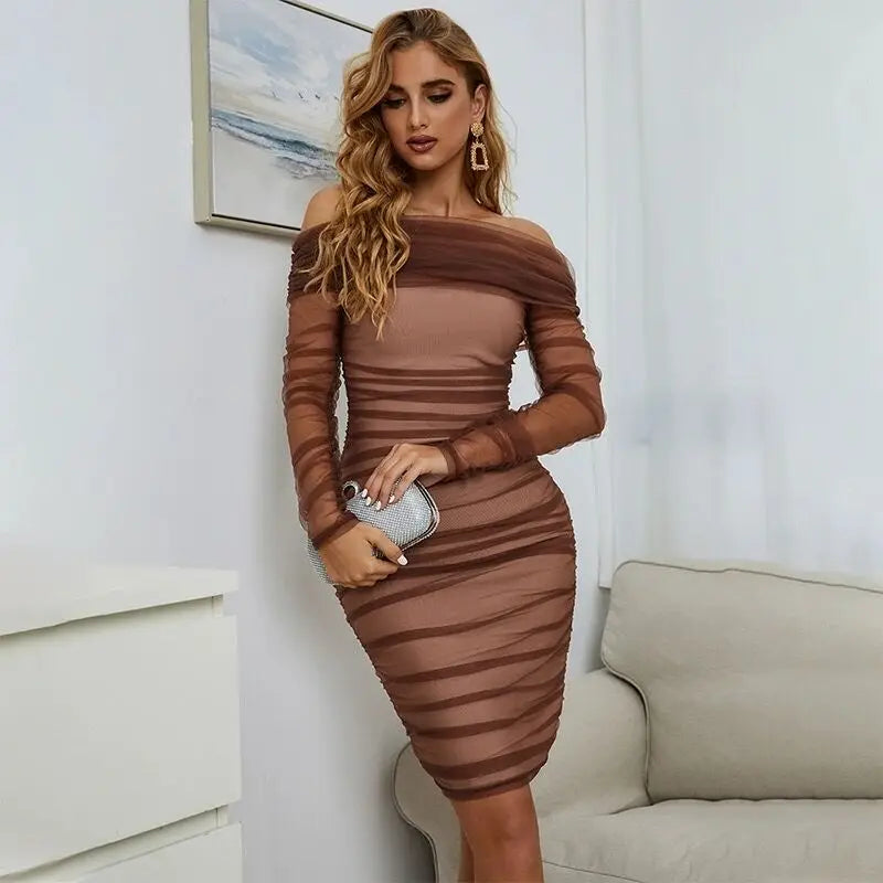 Brown Mesh Sleeve Off The Shoulder Rayon Bandage Dress Elegant Club Party Dress Brown