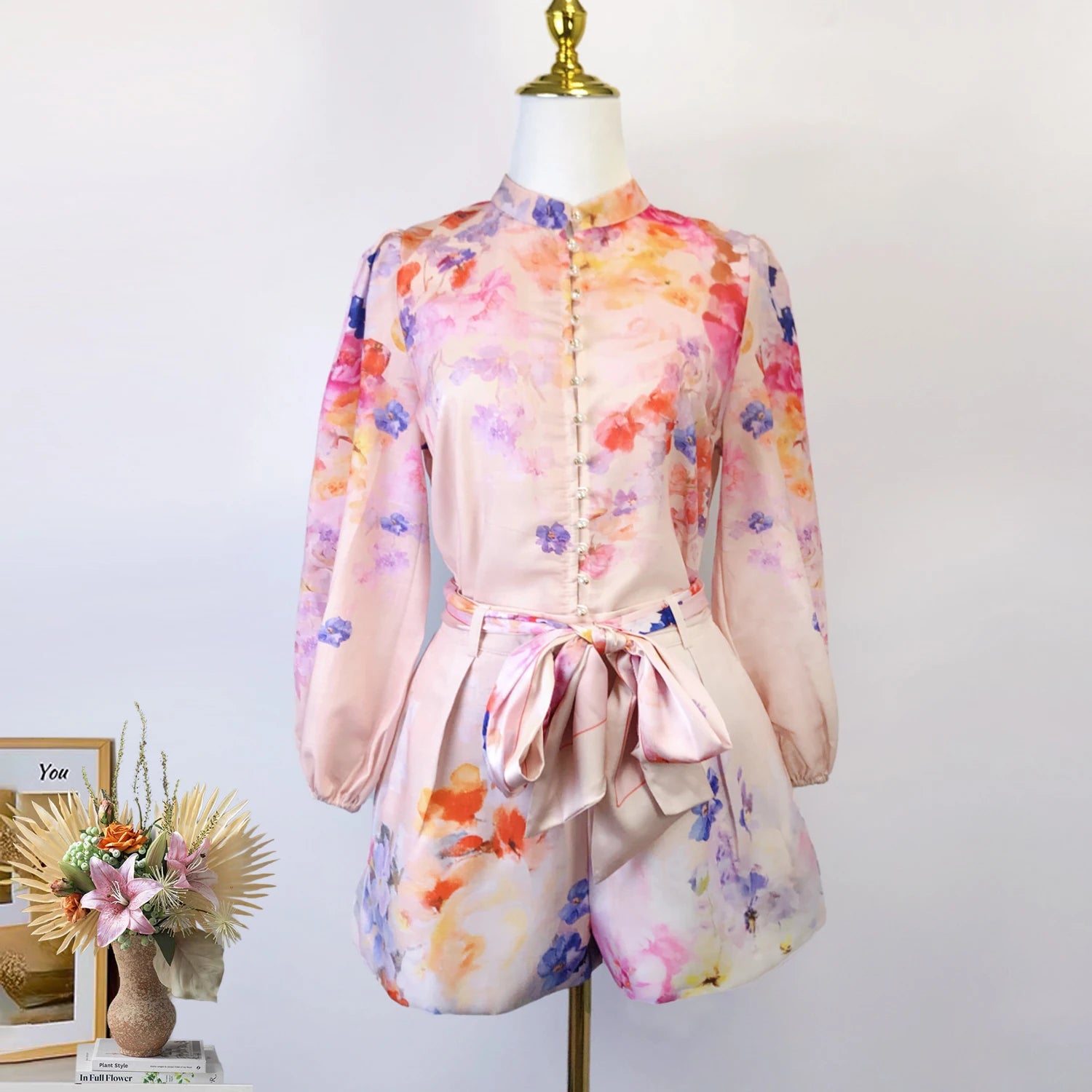 Real Shot Spot 2025 Spring and Summer Stand Collar Long Sleeve Shirt Top Wide Leg Skirt Pocket with Silk Scarf Belt Two-Piece Se Apricot color