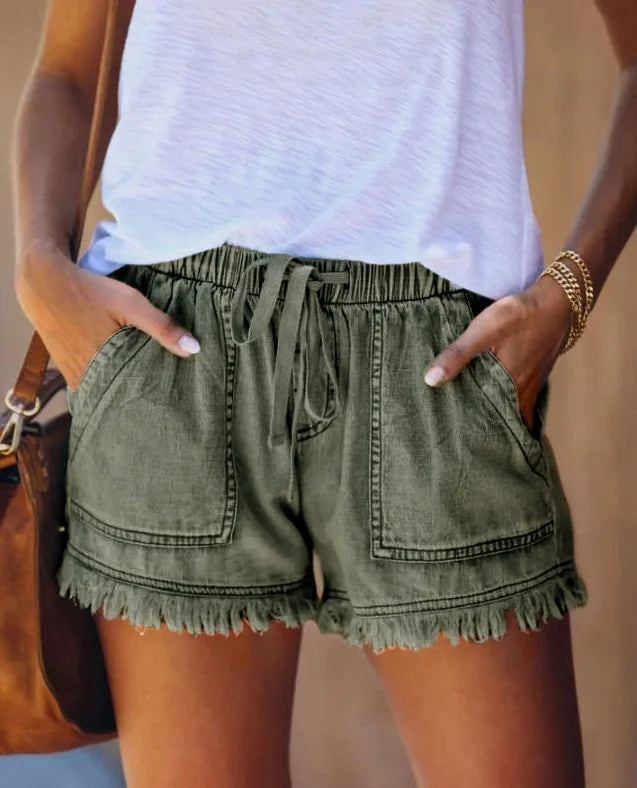 Plus Size High Waist Elastic Drawstring Jeans Shorts Women's Summer New Arrival Army Green