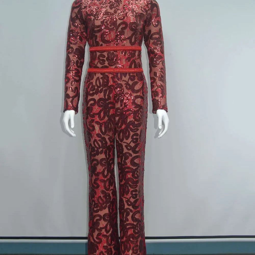2025 Women'S Light Luxury Sequin Patchwork Bandage Jumpsuit O-Neck Long Sleeved Waistband Flared Jumpsuit Pants Party Jumpsuit Claret