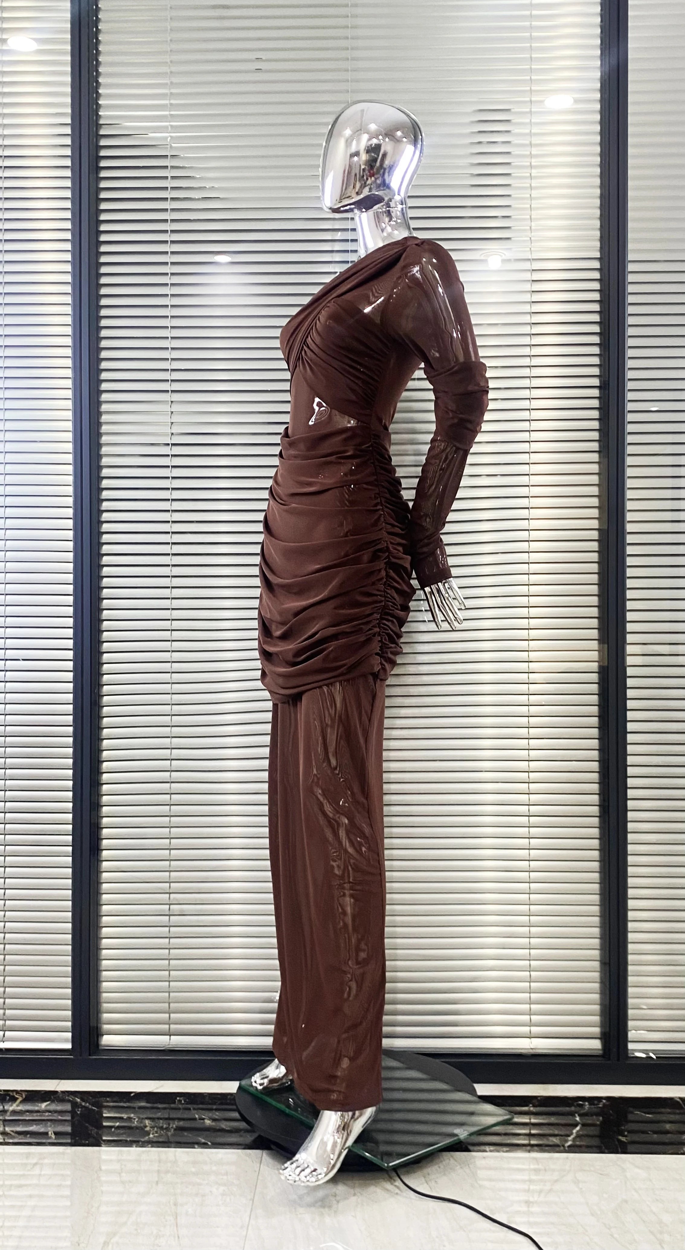 Chocolate Color Sexy See Through Mesh Sheath Ankle Length Dress Fashion Woman Evening Party Dress Holiday Vacation Outfit