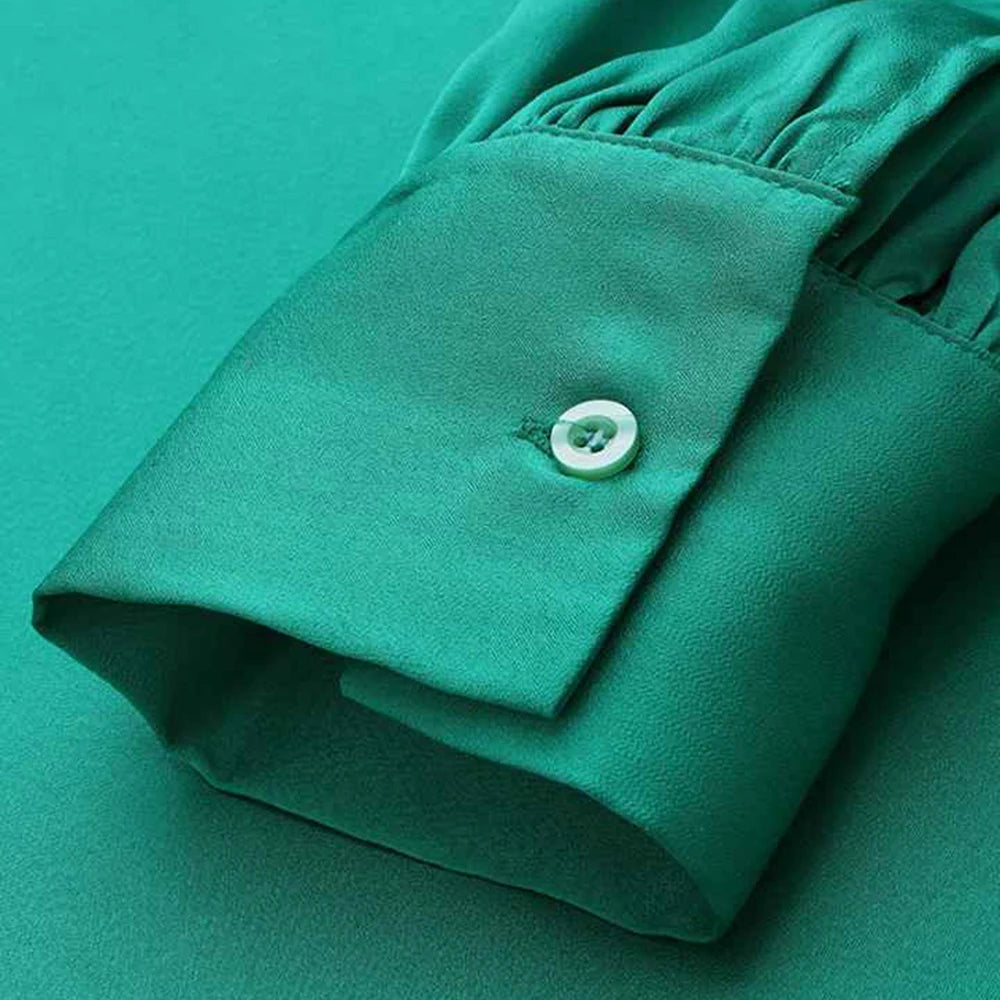 Plus Size Business Casual Green Satin Pants Set Round Neck Lantern Sleeve Wide Leg Two Pieces Pants Set