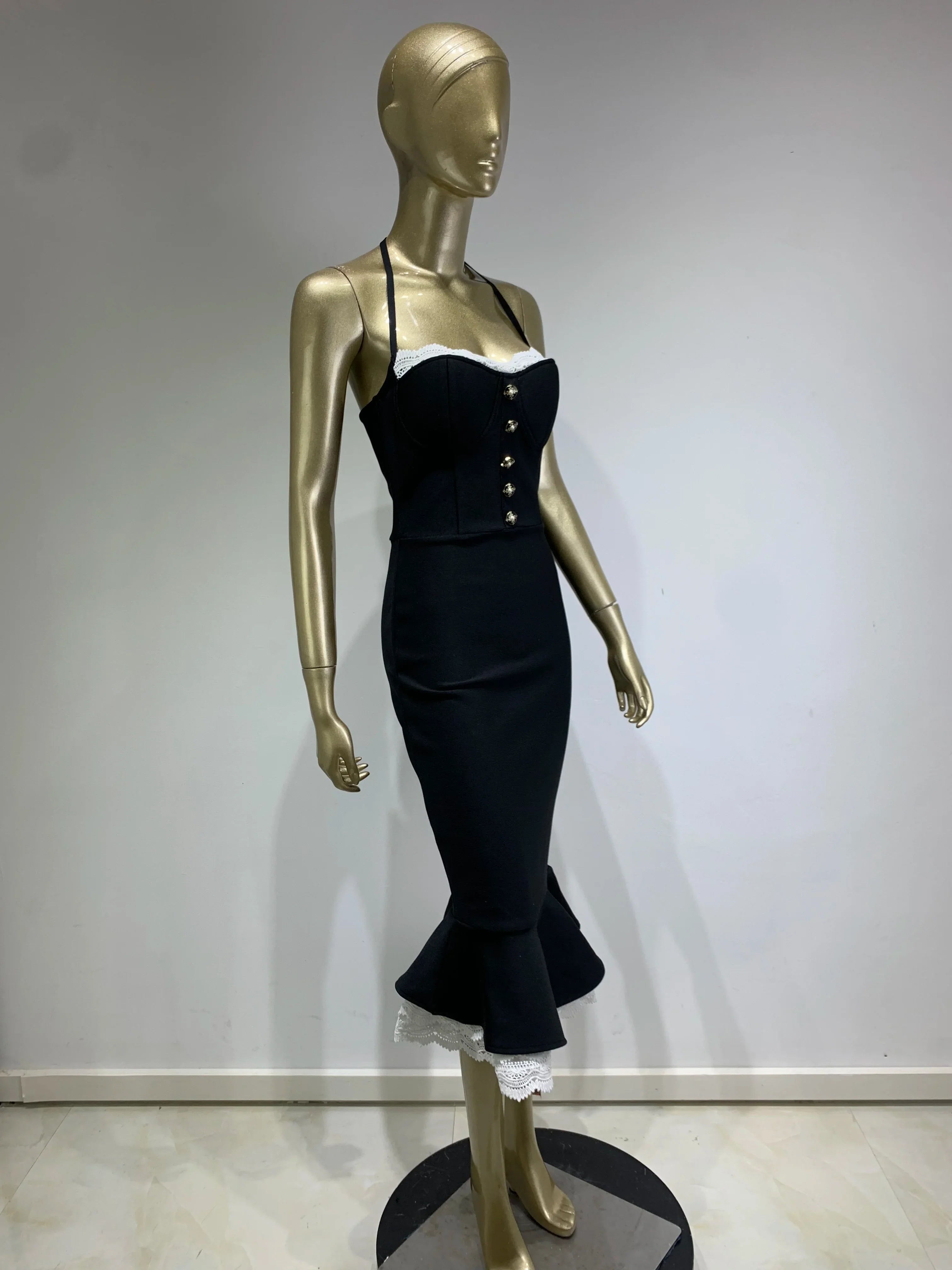 Women Celebrity Sexy Backless Halter Black Mermaid Midi Bodycon Bandage Dress Elegant Evening Club Party Dress