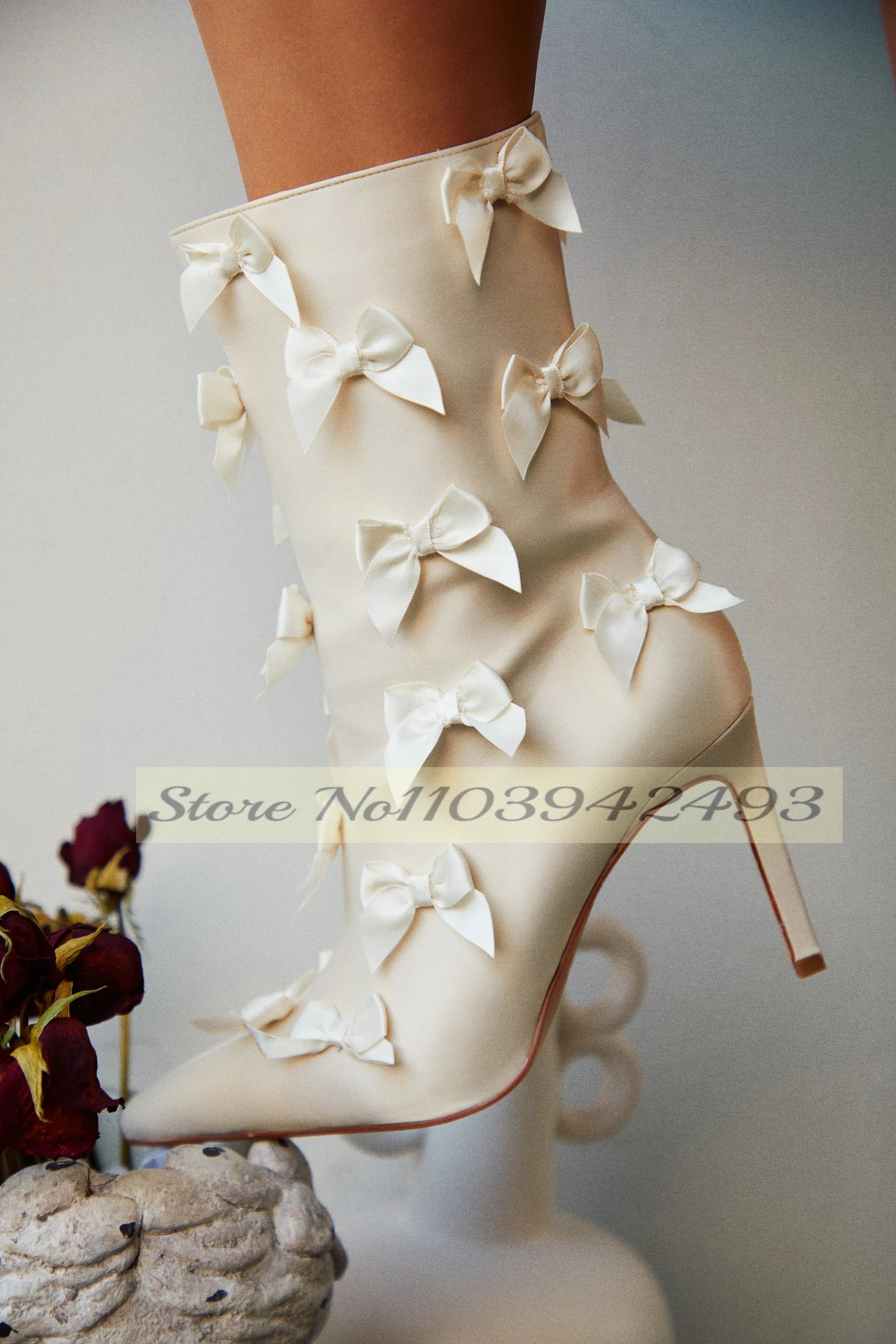 White Satin Butterfly-Knot Boots Pointed Toe Mid Calf Botas Stiletto Shoes Gentle Concise Autumn Winter 2025 Women Dress Zapatos