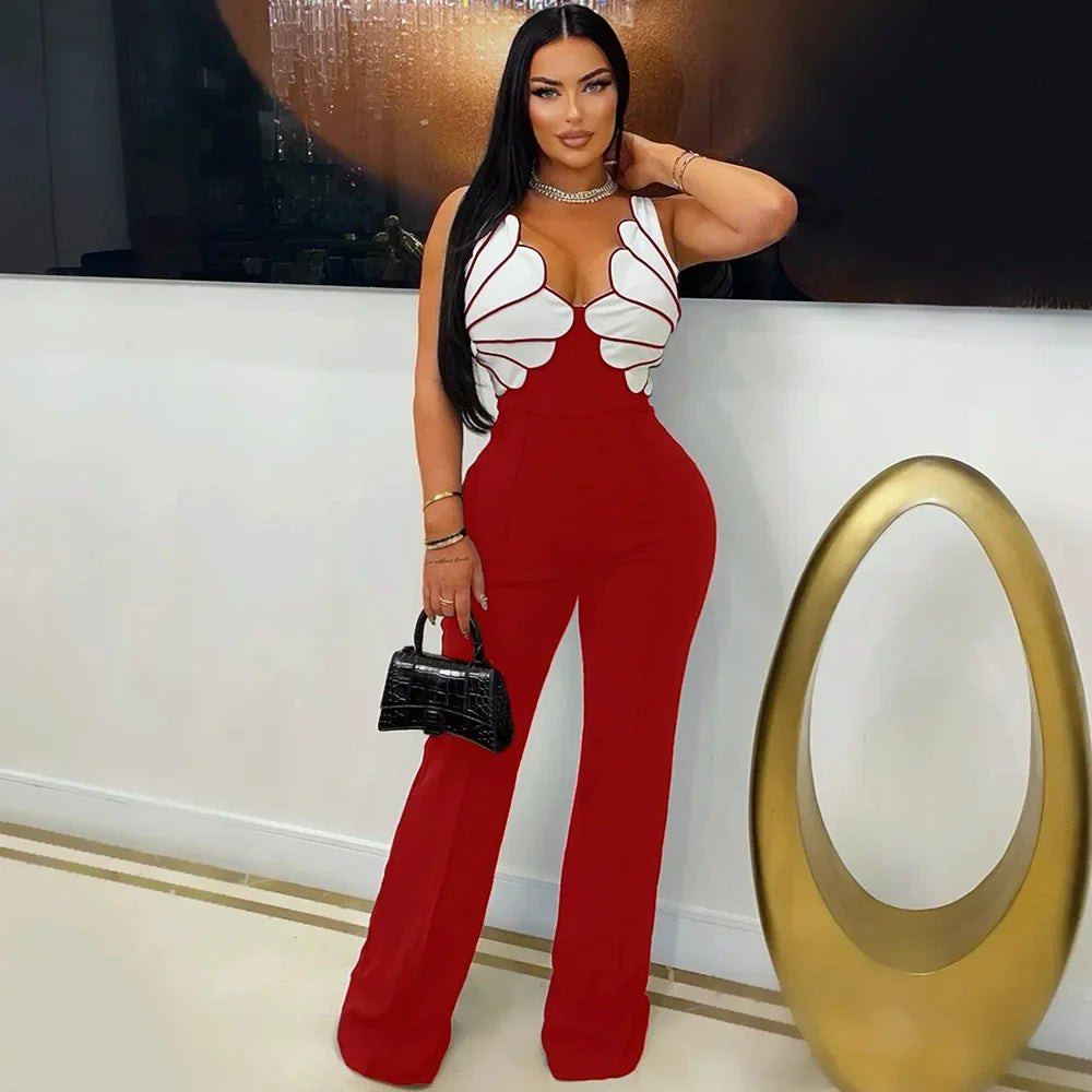 Women V-Neck Backless Wide Leg Straight Sleeveless Jumpsuits 2025 Spring Patchwork Sexy One Piece Set Streetwear Outfits Red