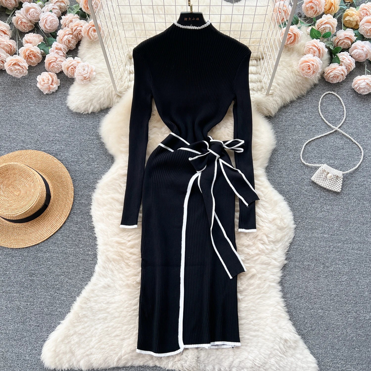 Women Knitted Dress Autumn Winter Slim Lace-up Long Sleeve Bottoming Black Sweater Dress Elegant Office Lady Vestidos black One Size