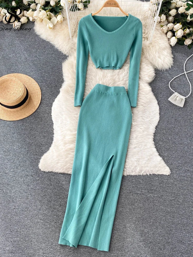 SINGREINY Autumn Sweater Two Pieces Suits Long Sleeves Knit Top+ Elatic Waist Slim Split Long Skirt Sets Women Warm Knitted Suit cyan blue One Size