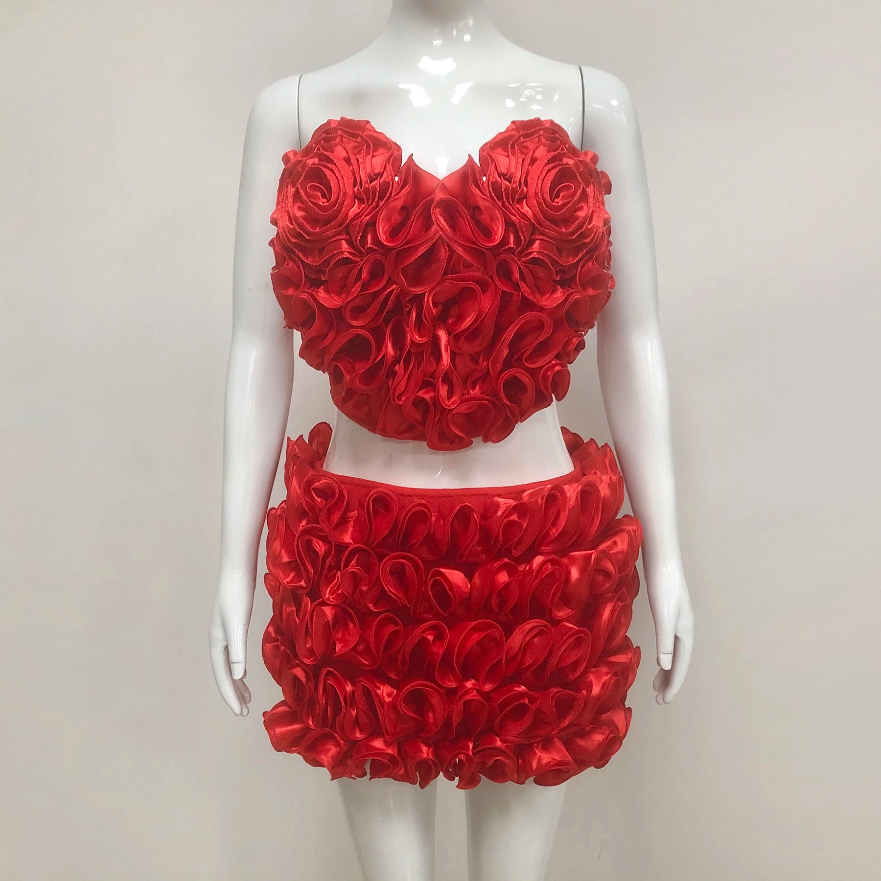 Red Color Women Sexy Strapless Full Florals 2 Pieces Bodycon Mini Bandage Dress Celebrate Birthday Party Girls' Outfit