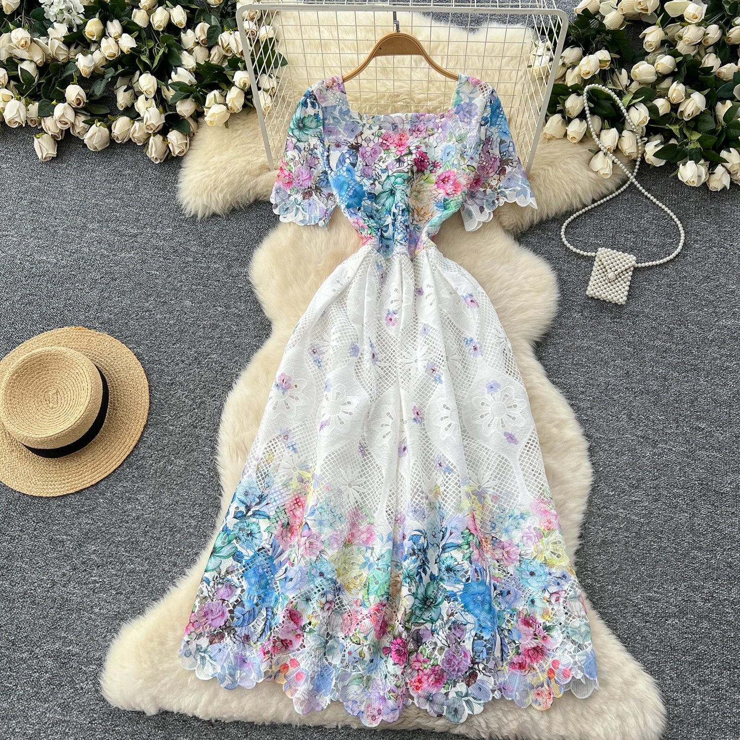Hook flower hollow lace pleated Elegant Bodycon Dress Slim Party Club Vintage Dress Korean Fashion Women Clothes