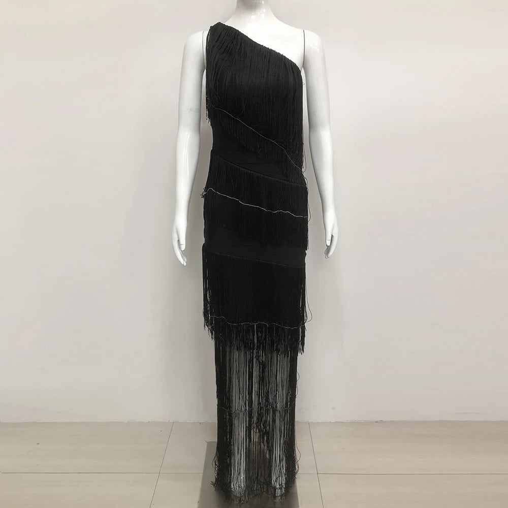 Women's One Shoulder Diagonal Collar Fringe Bandage Long Dress 2025 Summer Tassel Vacation Birthday Evening Night Club Vestidos black