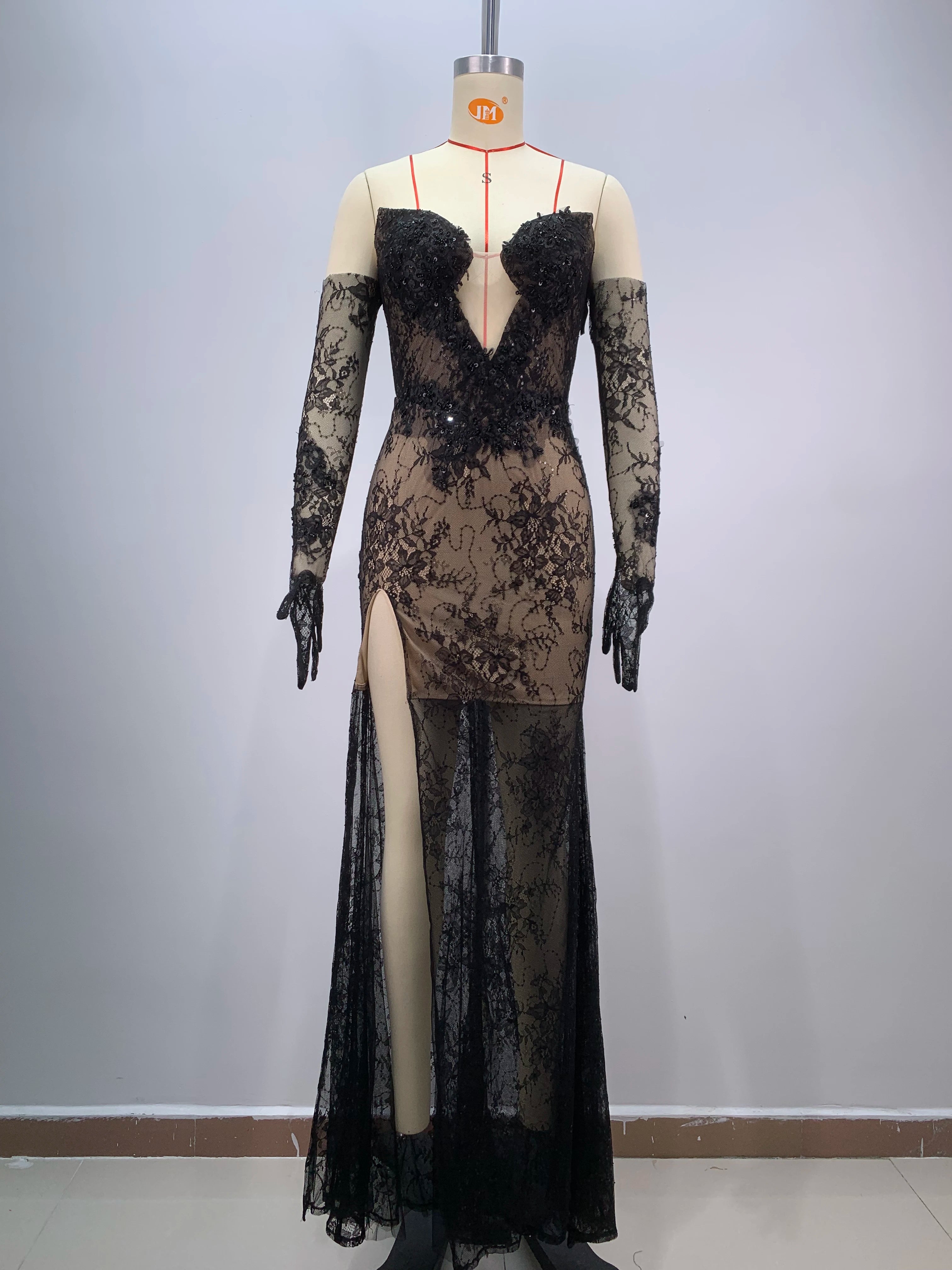 Women Sexy Strapless Lace High Split Long Dress Gloves Celebraye Nightclub Party Birthday Photo Shoot Dress Vestido